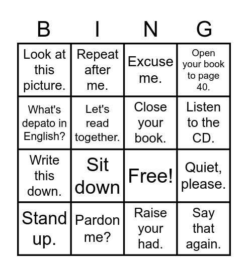 Classroom English Bingo Card