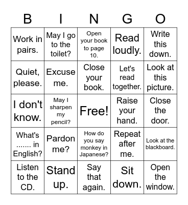 Classroom English Bingo Card