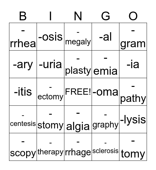 Suffixes Bingo Card