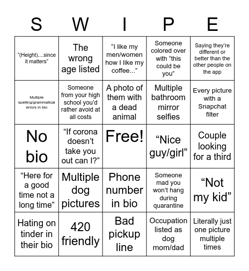 Tinder During Quarantine Bingo Card