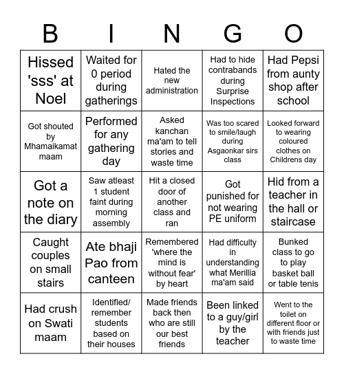 People's High School Bingo Card