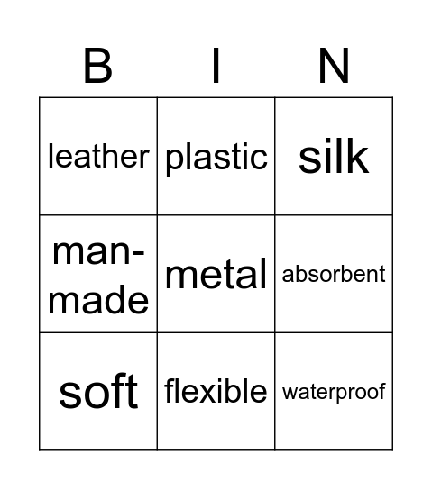 Materials Bingo Card