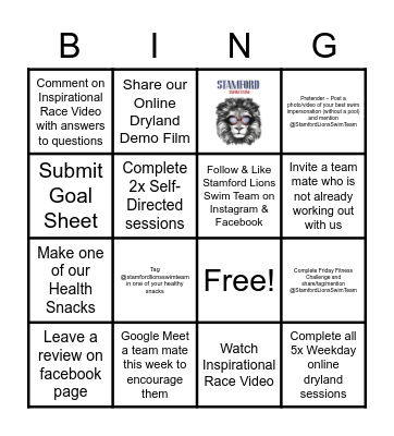 Stamford Lions Swim Team Bingo Card