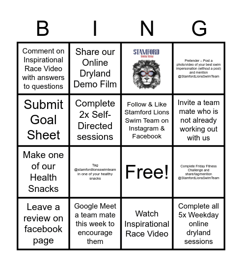 Stamford Lions Swim Team Bingo Card