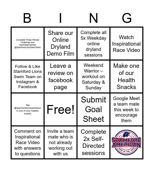 Stamford Lions Swim Team Bingo Card