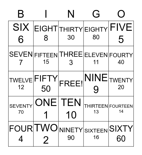 Numbers Bingo Card