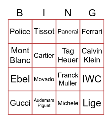 Favourite Brand Bingo Card