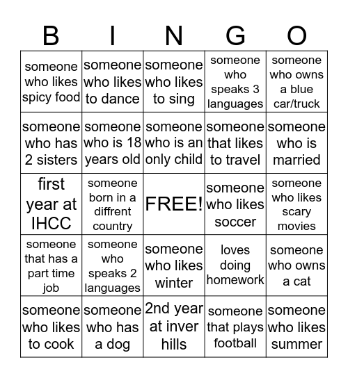 International Club Bingo Card