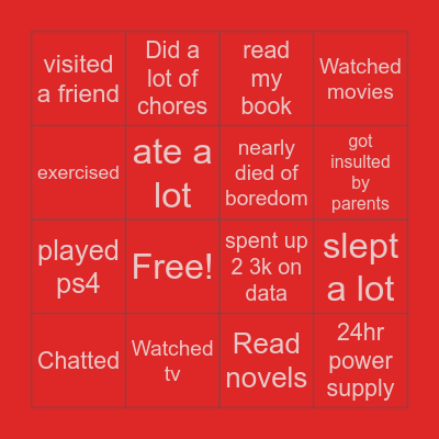 Lockdown xperience Bingo Card