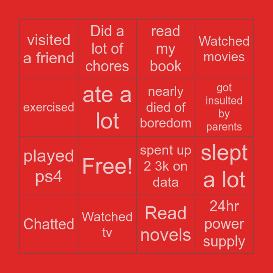 Lockdown xperience Bingo Card