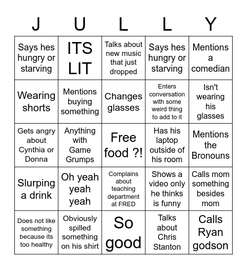 JMO Bingo Card