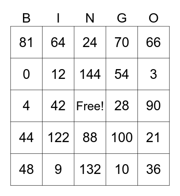 Multiplication Bingo Card