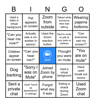 Remote Work/Zoom Bingo Card