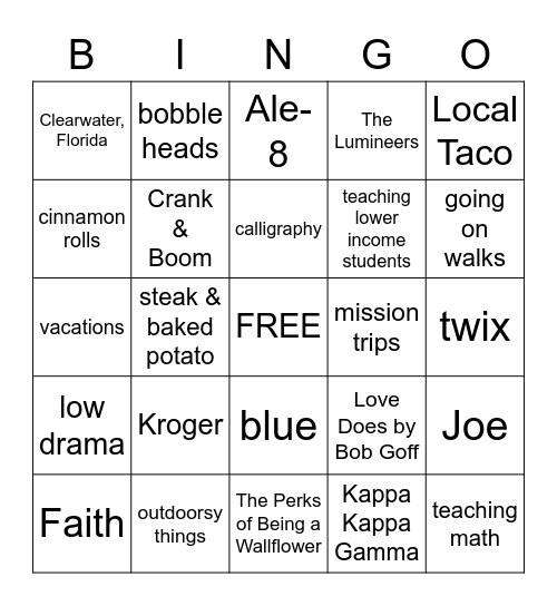 Jena's Favorites Bingo Card