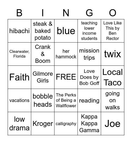 Jena's Favorites Bingo Card