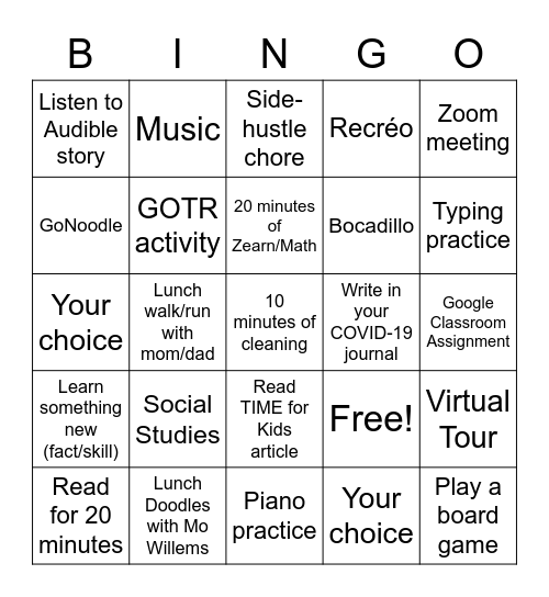 School @Home Bingo Card