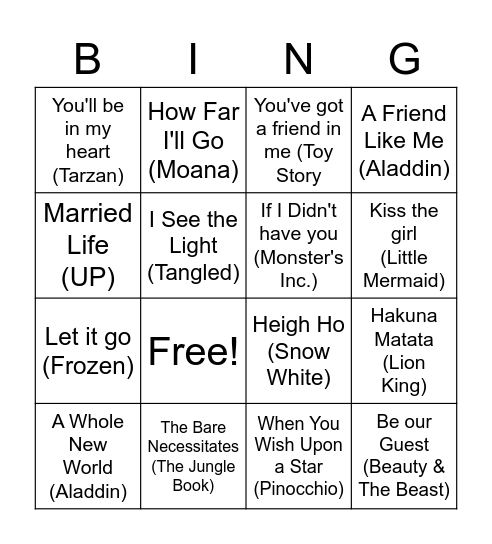 Disney Music Bingo! (TAP) Bingo Card