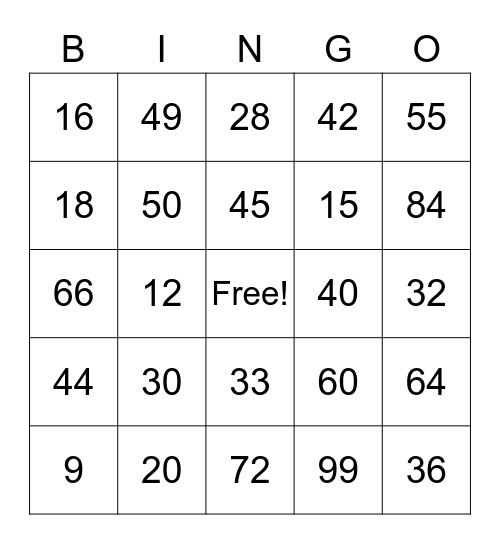 Multiplication Bingo Card