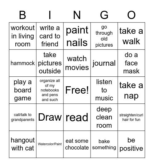 Alyssa's Self-Care Bingo Card