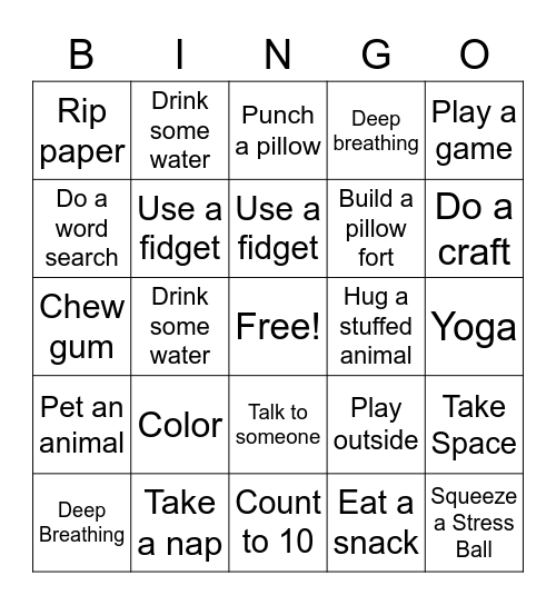 Coping Skills Bingo Card