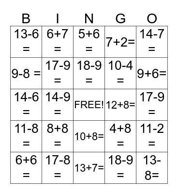 Addition/Subtraction Bingo Card