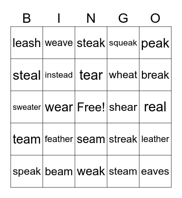 "ea" vowel team words Bingo Card