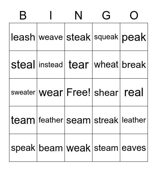 "ea" vowel team words Bingo Card