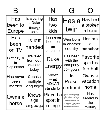 Get to know you... Bingo Card