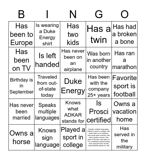 Get to know you... Bingo Card