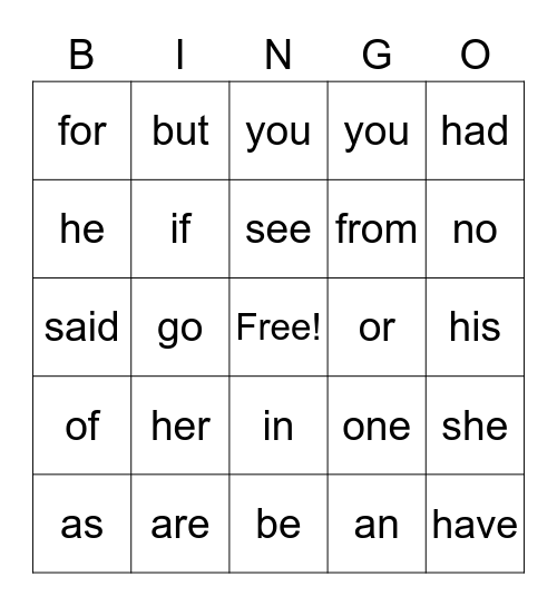 sight words - beginning Bingo Card