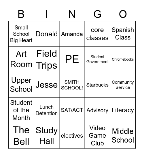 The Smith School Bingo Card