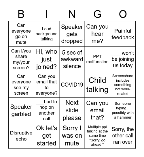 COVID19 teleconference Bingo Card