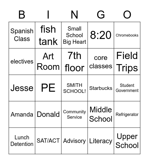The Smith School Bingo Card