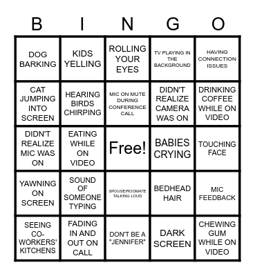 Video Conference Call Blunders Bingo Card