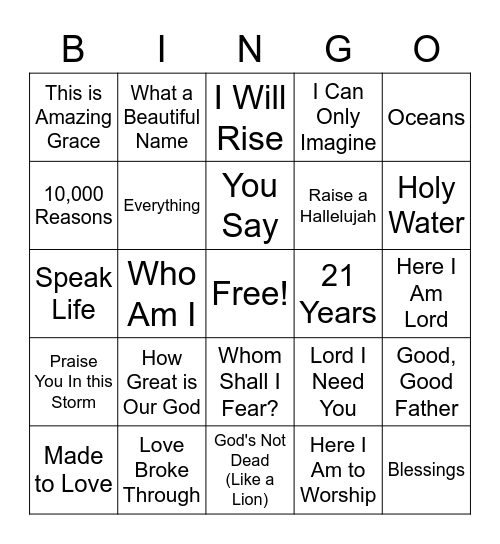 Contemporary Christian Music Bingo Card