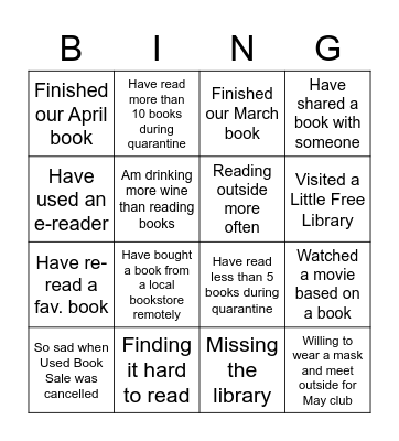 Book Club Bingo 2020 Quarantine Bingo Card