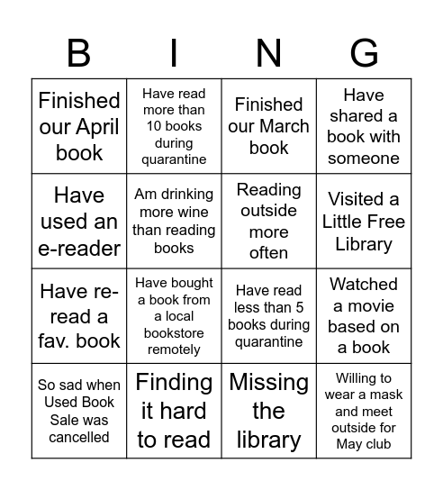 Book Club Bingo 2020 Quarantine Bingo Card