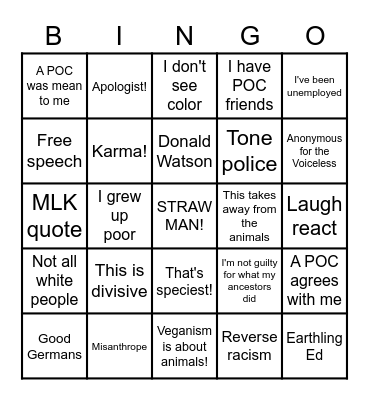 White Veganism Bingo Card