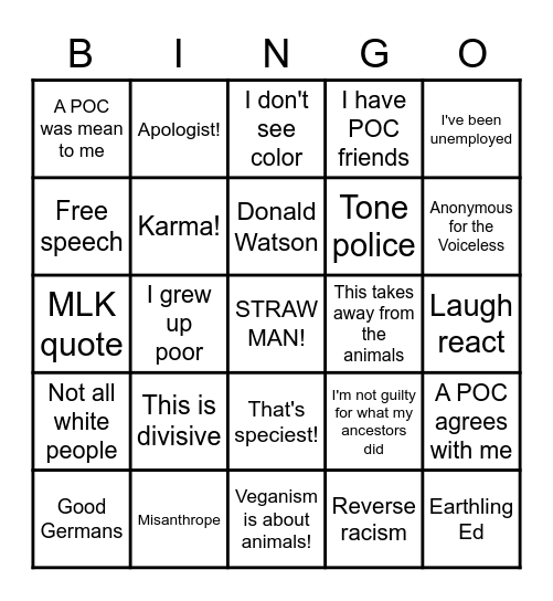 White Veganism Bingo Card