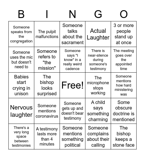 Post-Quarantine Testimony Meeting BINGO Card