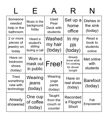 Remote Learning Bingo Card