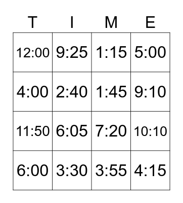 Telling Time! Bingo Card