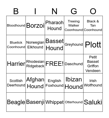 Hound Breeds Bingo Card