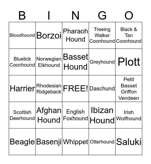 Hound Breeds Bingo Card