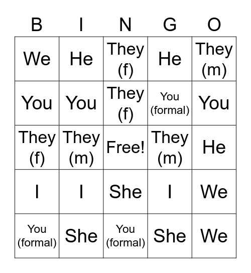 Pronoun Bingo Card