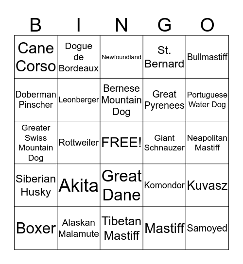 Working Breeds Bingo Card