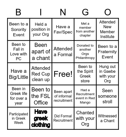 Greek Life Bingo Card