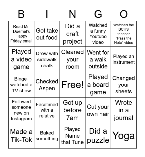 BCHS BINGO Card