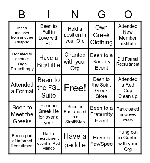 Greek Life Bingo Card