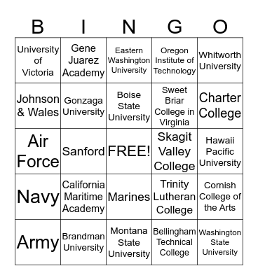 College Fair Bingo Card